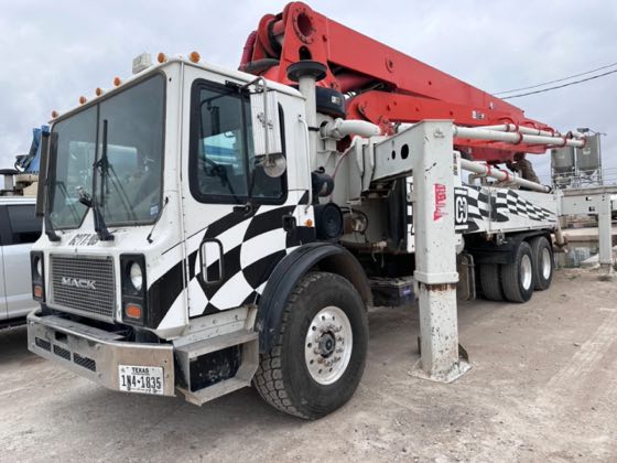 2003 Mack MR688S with 39-metre Schwing boom pump for sale at SuperMixers in Orlando, Florida